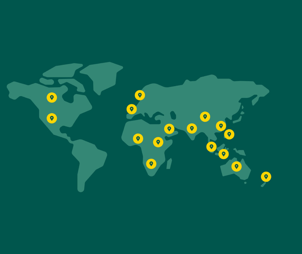 World map with yellow location pins on a dark green background.